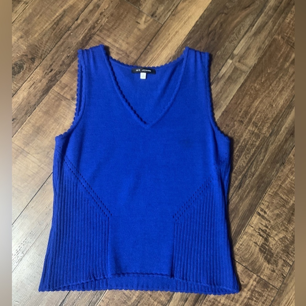 ST. JOHN knit royal blue scalloped tank blouse evening classic spring formal S - Picture 4 of 5